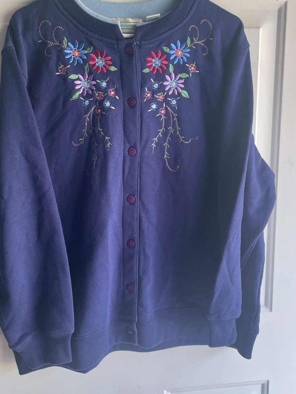 1990’s Embroidered Floral Navy Button-Up Jacket Sweatshirt Shenanigans 1X